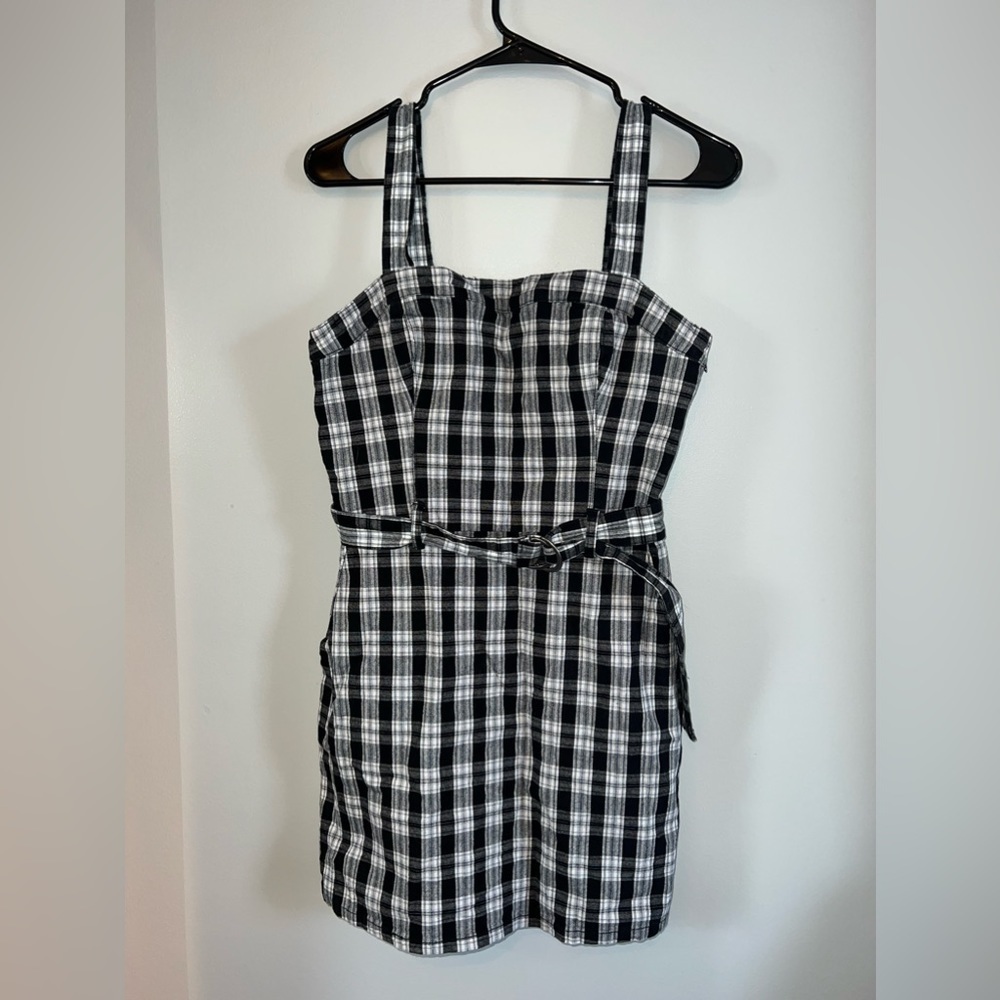 Hollister Black/White/Blue Plaid Belted Dress